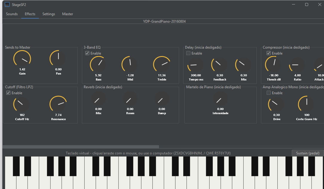 Tela de efeitos do StageSF2 mostrando EQ, reverb, delay e compressor por instrumento