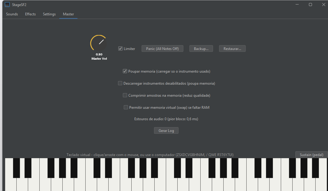 Aba Master: volume geral, limiter, backup e diagnóstico de áudio