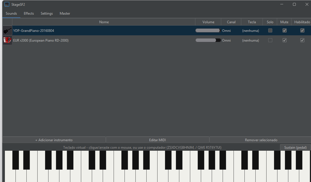 Aba Sounds: lista de instrumentos com ícone, volume, canal MIDI e atalho de tecla